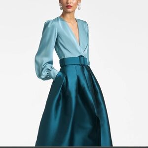 Sachin & Babi Zoe Gown/V Neck Box Pleat Ball Gown in Seaglass/Deep Teal